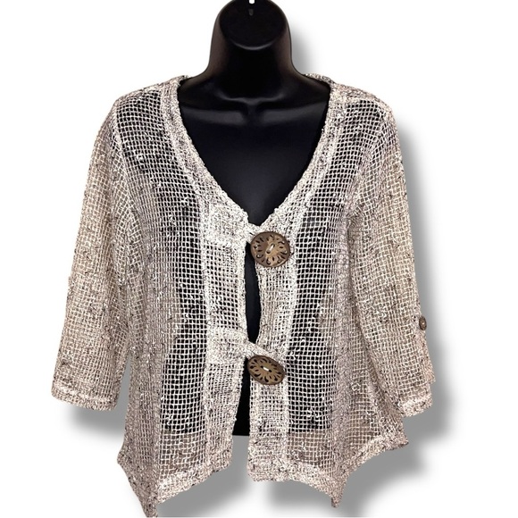 Small Nina Leonard Ivory Open Knit Top Beach Boho Bohemian Vneck Lightweight - Picture 1 of 15